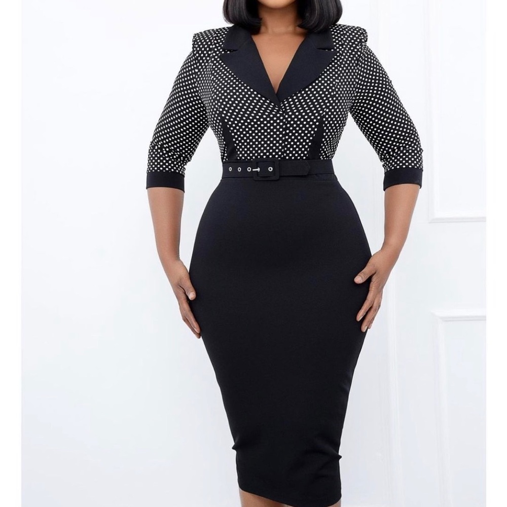 Black polka dot collared career dress